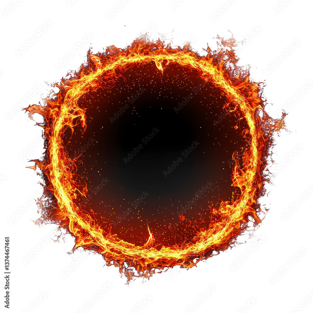 Poster a fiery ring of intense flames forms dramatic circular shape against transparency background, creati