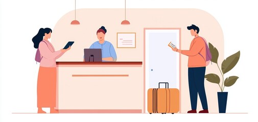 A modern hotel reception scene featuring a guest checking in, a staff member at the desk, and another guest with luggage, surrounded by a plant.
