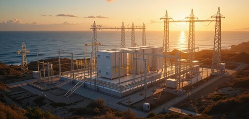 Fototapeta premium Powering the Coastline Raytraced Coastal Substation with Integrated Energy Storage Solutions