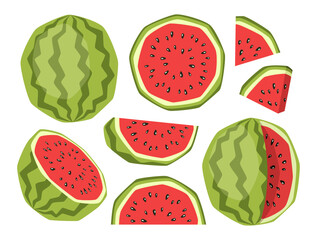 Vector isolated set of watermelons, whole, half and slices