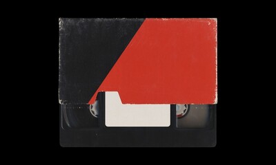Composition with VHS videocassette partially inside a blank red and black cover sleeve, mockup on...