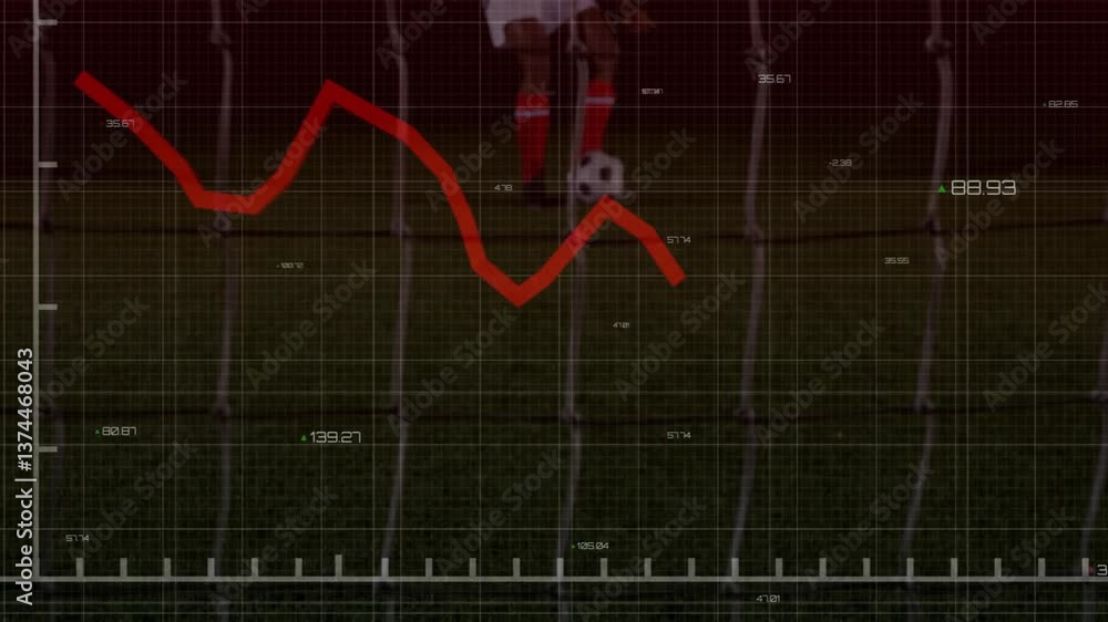 Poster animation of red downward trend line over soccer player and goal net background