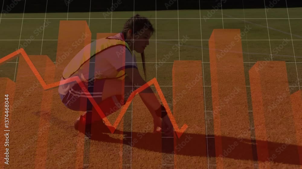 Poster person crouching on sports field with declining graph animation overlay