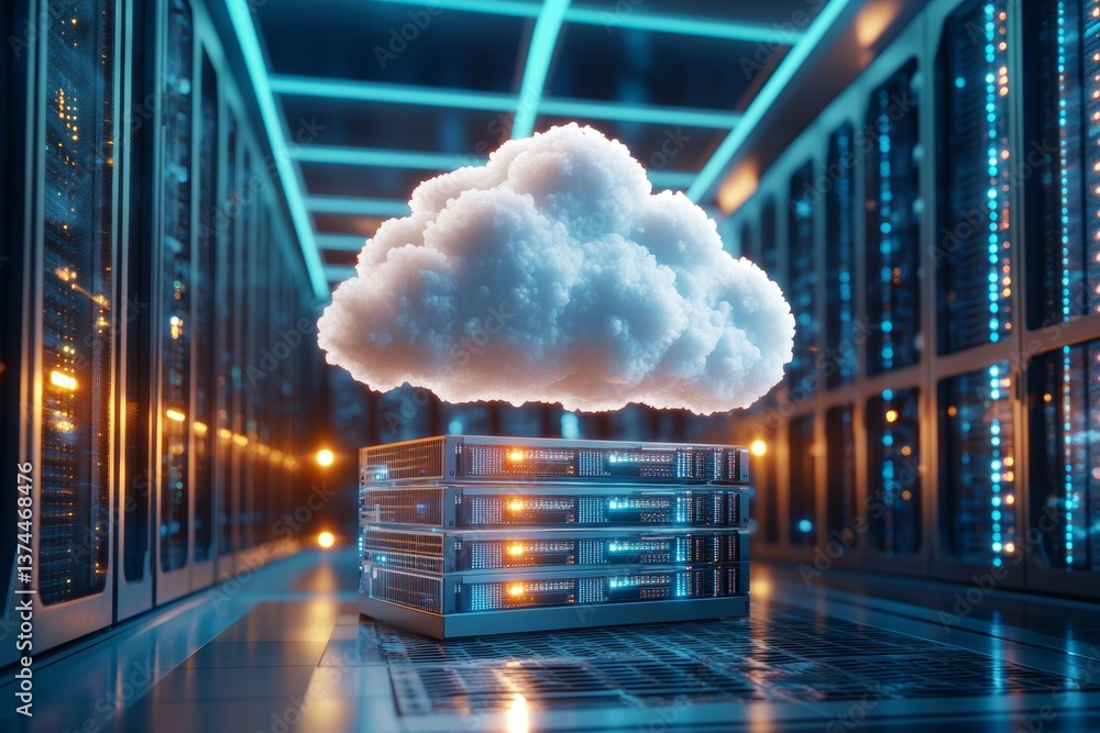 Poster 3d representation of cloud computing and storage technology with glowing clouds over a mainboard