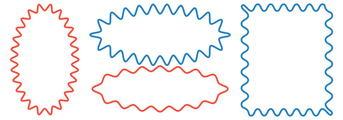 Retro scallop, zigzag wavy edges square frames set. Vector design template for social media, Y2k style psychedelic squiggle line frames collection. EPS 10.