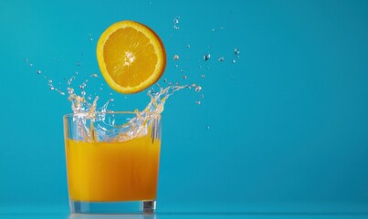 An orange slice plunges into a glass of juice, sending a refreshing splash of droplets into the air.