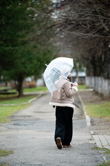 Fototapeta premium Walking in the park with a clear umbrella on a cloudy day, enjoying the tranquility of nature and the soothing sound of raindrops falling on the ground