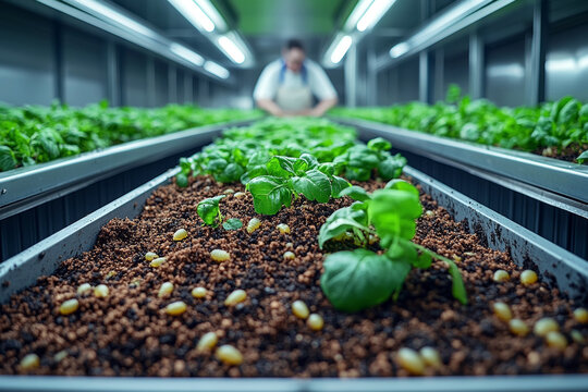 Sustainable farming with black soldier fly larvae enriching soil in a high-tech indoor greenhouse for leafy greens
