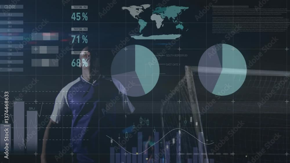 Aufkleber playing soccer, athlete with animation of data analytics and world map overlay