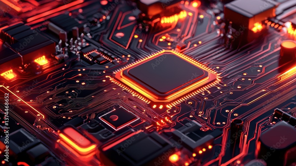 Poster a close-up of a circuit board featuring glowing components, showcasing intricate designs and a vibra