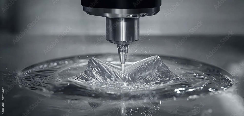 Poster a close-up of a precision tool creating ripples in water, showcasing a blend of technology and fluid
