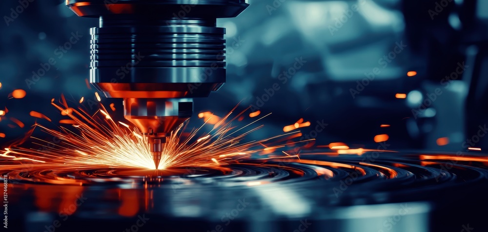 Poster a close-up of a laser cutting machine creating sparks while processing metal, showcasing the precisi