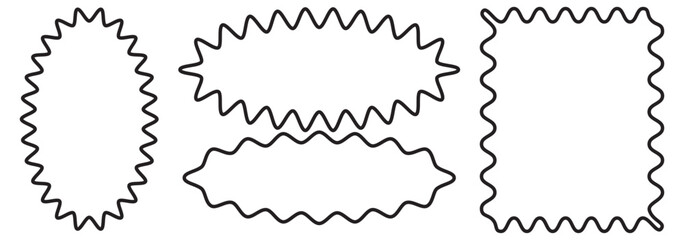 Zig zag edge square and rectangle shape collection. Black grunge jagged square frames. Vector torn paper sheet for sticker, collage, banner. Ripped shapes silhouettes on transparent background. EPS 10