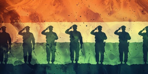 Indian army powerful Indian soldiers standing in formation, saluting with pride against a textured grainy background. the colors of the Indian flag a vintage patriotic feel 