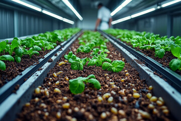 Sustainable farming with black soldier fly larvae enriching soil in a high-tech indoor greenhouse for leafy greens