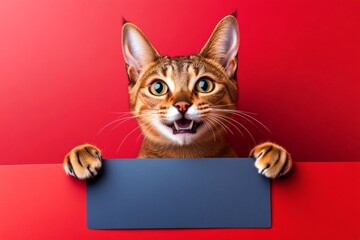 Cat product poster. Mockup with feline. Poster with kitty. Isolated cat on a solid outfit red background. &ETH;&iexcl;ute adult cat abyssinian hold in front paws a layout - large blue street sign.