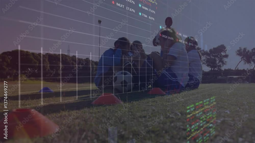 Poster soccer players training on field with financial data processing animation overlay