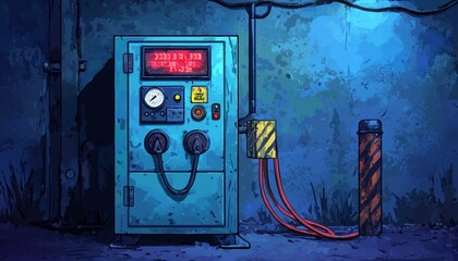 A vintage blue machine with gauges and cables against a moody, blue-toned wall, suggesting a retro or industrial theme.