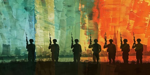 Indian army ,Silhouetted army personnel standing at attention, rifles held high, against a textured tricolor backdrop