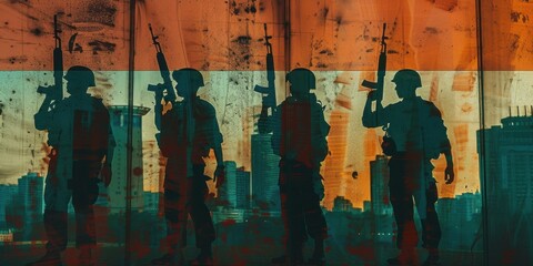 Indian army ,Silhouetted army personnel standing at attention, rifles held high, against a textured tricolor backdrop