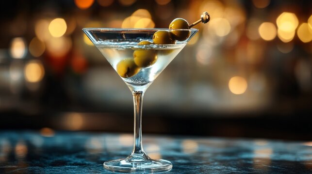 A glass of martini with olives