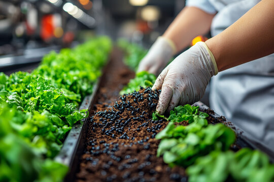 Eco-friendly greenhouse farming with black soldier fly larvae compost enriching soil for lush lettuce and tomato growth