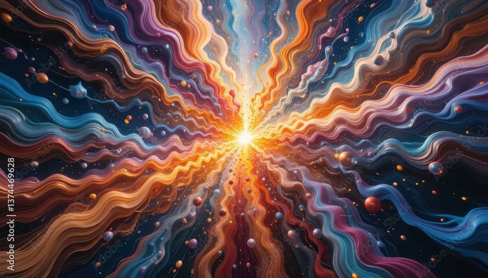 Poster colorful abstract background with flowing lines and celestial elements