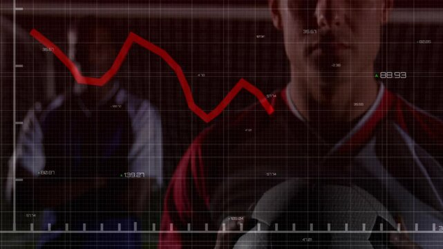 Animation of red downward trend line over athletes holding soccer balls on field