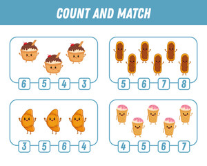 Education game for children count and match of cute Cartoon character. Activity page with food characters. Cartoon ice cream, croissant and eclair. Vector