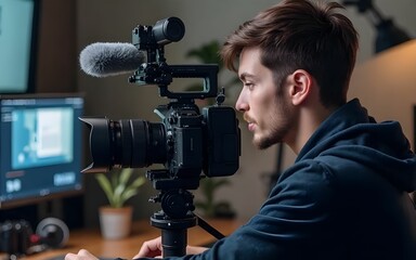 The cameraman shoots with a professional camera with a directional microphone in a studio.