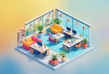  Colorful Isometric Office Illustration with Dynamic View, Playful Furniture, and Modern Design for a Start up Office