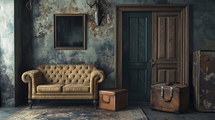 Vintage hallway with sofa, suitcase, and weathered door
