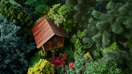 Charming Wooden Cabin Surrounded by Lush Green Forest and Vibrant Foliage in Nature