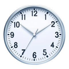 A round wall clock with white face and black numerals shows time as 1010. clock has silver frame and simple black hour and minute hands
