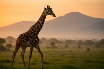 Obraz premium Giraffe strolling in majestic african savanna at sunrise with misty mountains