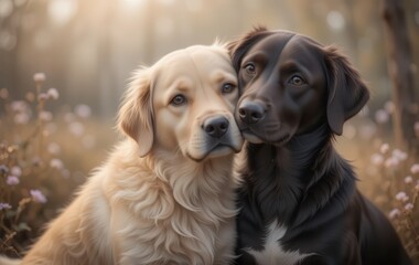 Golden retriever and Labrador cuddling in nature