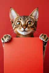 Feline model in ad. Minimal pet photo shoot. Isolated cat on a solid apparel red background. &ETH;&iexcl;ute adult cat oriental shorthair hold in front paws a wireframe - large red alley sign.