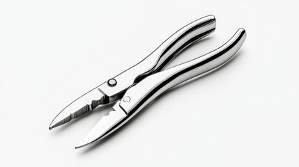 Obraz premium Close-up View of Stainless Steel Oyster Shucking Pliers on White Background Ideal for Seafood Lovers Chefs and Culinary Enthusiasts Using Modern Tools