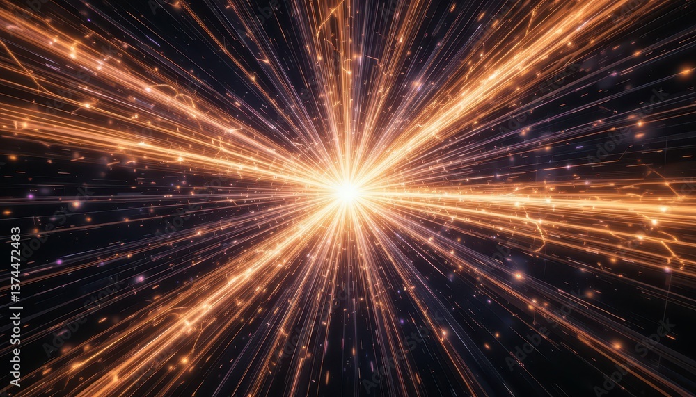 Poster bright dynamic light burst with rays and particles in dark space