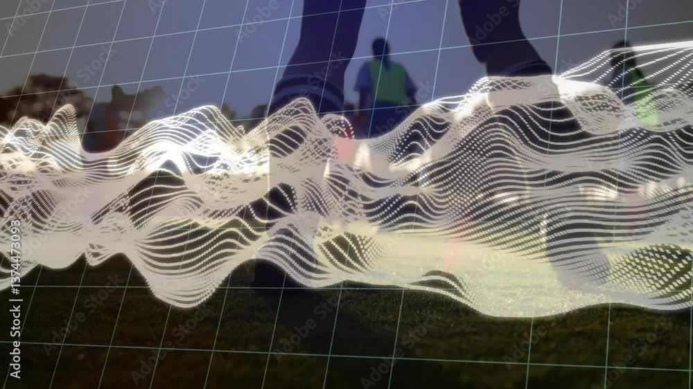 Poster abstract wave animation over soccer player standing on grass field