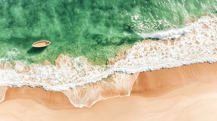 Fototapeta premium Aerial View of a Serene Beach with Gentle Waves and a Small Boat in Crystal Clear Water