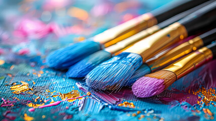 Obraz premium Blue vase with a bunch of paintbrushes in it.