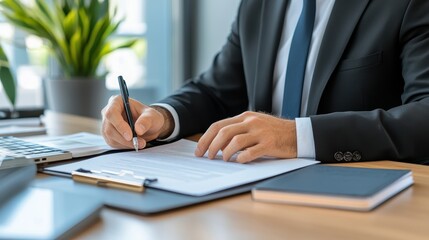 Business professional focused on drafting documents, dressed in a suit, with a modern office setup featuring plants and technology.