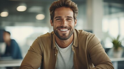 Naklejka premium Smiling Young Professional in Casual Outfit at Office Environment, Exemplifying Client Satisfaction and Success in Business Context