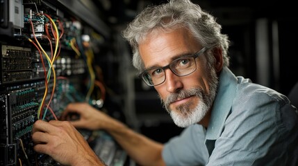 IT consultant working on complex network equipment, intently focused, showcasing expertise in technology and system upgrades in a modern setting.