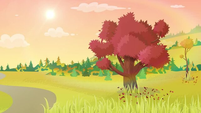 Animated Autumn Cartoon Landscape Looped Background