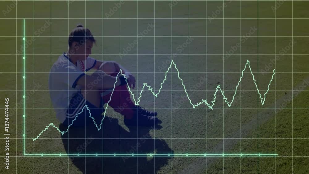 Poster sitting on field, soccer player analyzing fluctuating graph animation in background
