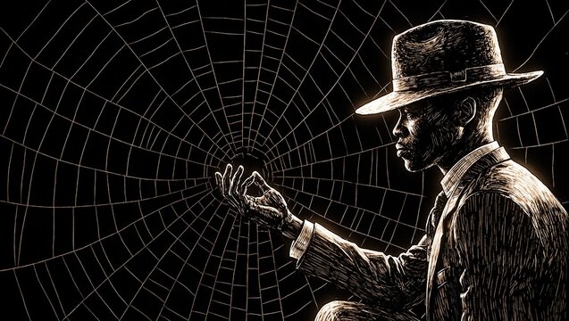 Mysterious Anansi the trickster god weaves a glowing web of fate in a film noir style digital painting
