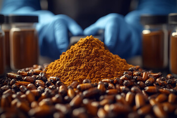 Close-up of a lab technician grinding dried insect protein using industrial equipment for sustainable food production