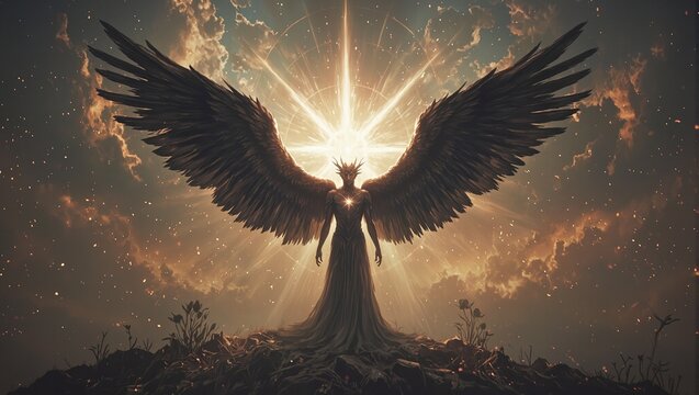 Surreal portrait of Lucifer as the Morning Star in a twilight realm with celestial yet shadowed wings symbolizing duality